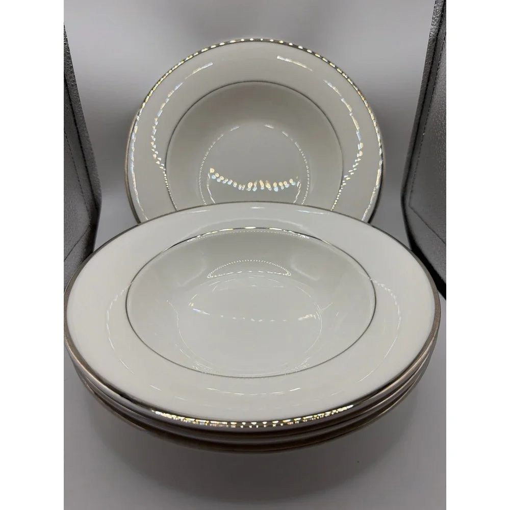 4 Mikasa Cameo Platinum rimmed soup bowls 8.75